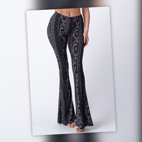 Tik Tok Famous Black Blue Tribal Print Bell Bottom Flare Stretch Pants - Picture 7 of 14